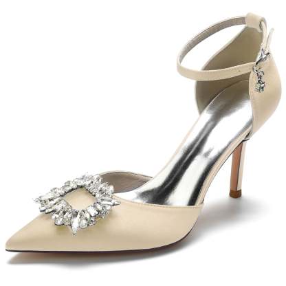 Bridal Stiletto Heels with Square Crystal Buckle and Pointed Toe for Women