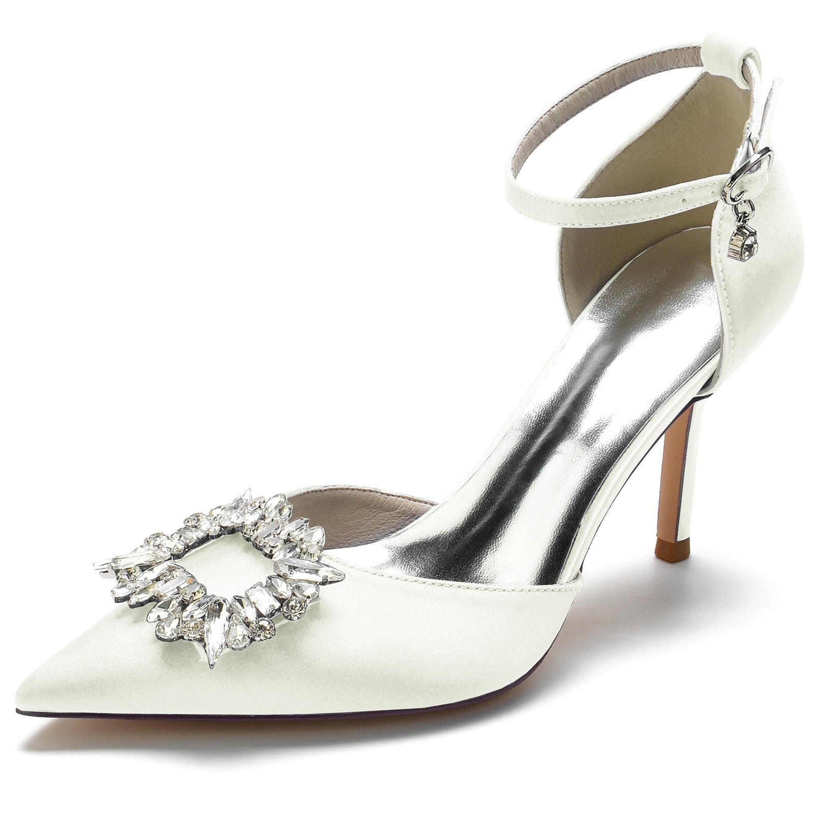 Bridal Stiletto Heels with Square Crystal Buckle and Pointed Toe for Women