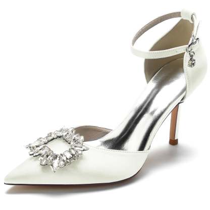 Bridal Stiletto Heels with Square Crystal Buckle and Pointed Toe for Women