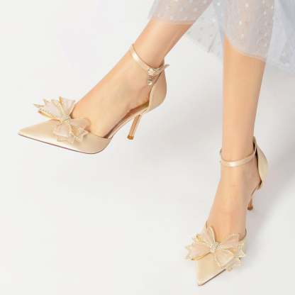 Bridal Stiletto Shoes for Women with Silk Satin Bow and Buckle