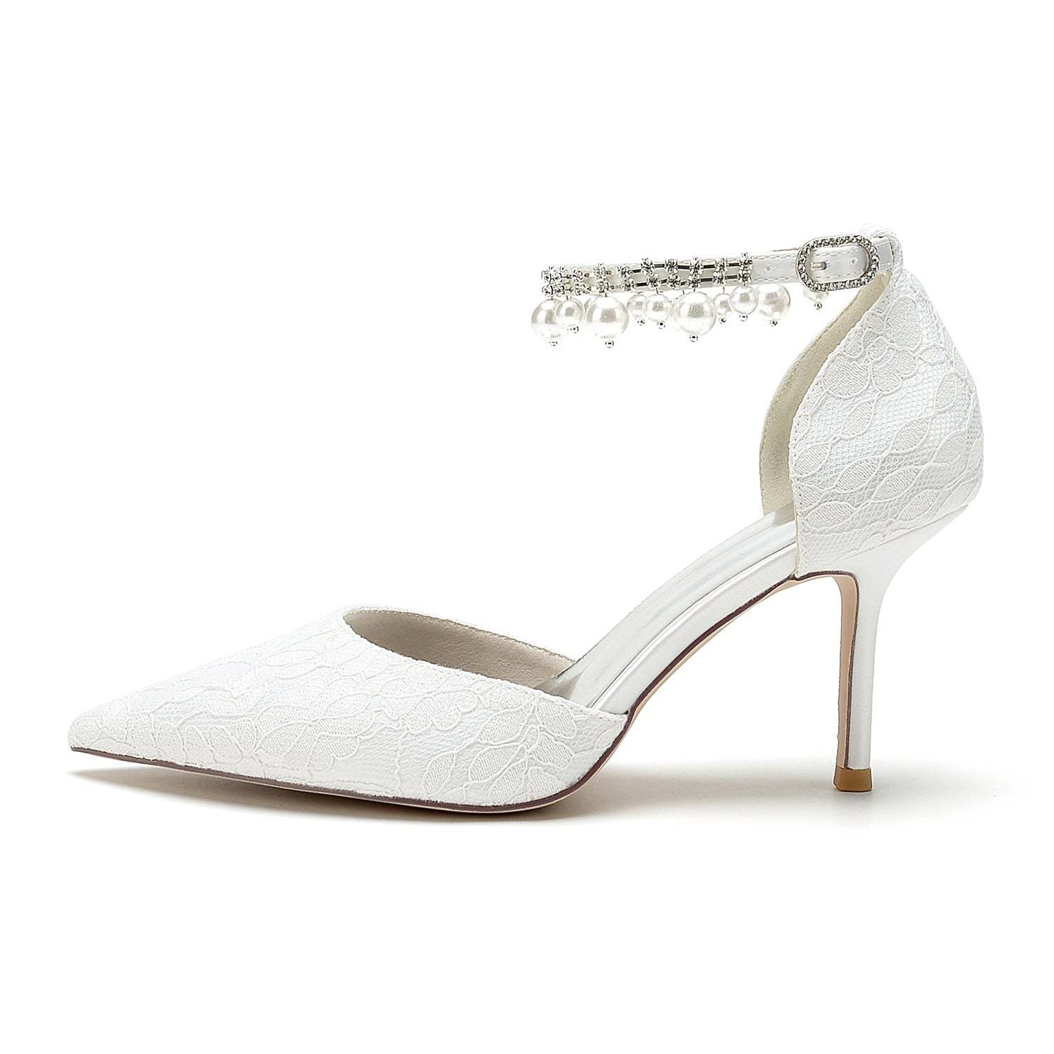Bridal Stiletto Heel Shoes with Lace and Pearl Buckle for Women