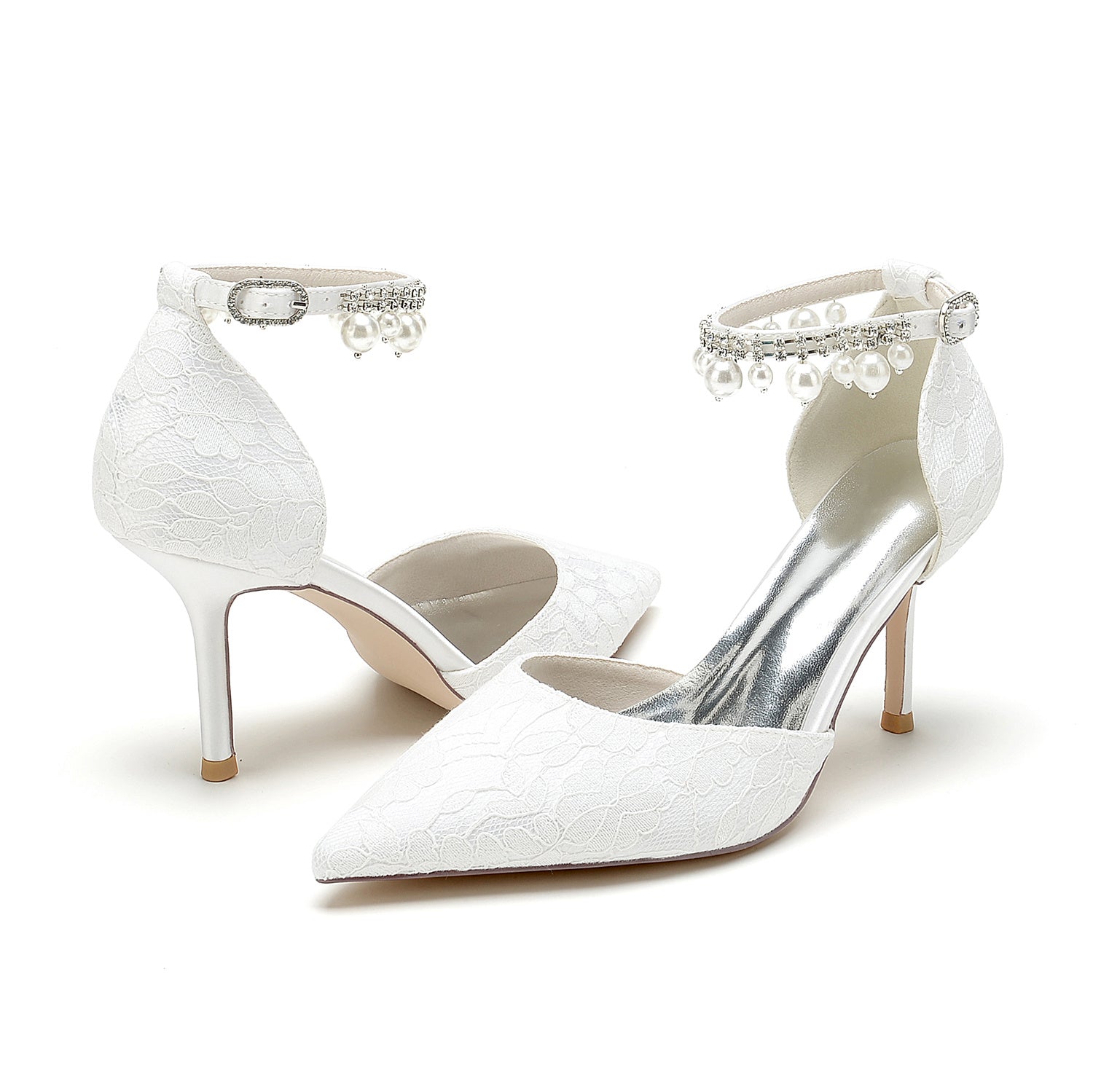 Bridal Stiletto Heel Shoes with Lace and Pearl Buckle for Women