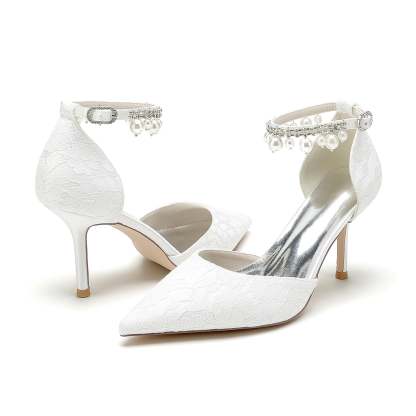 Bridal Stiletto Heel Shoes with Lace and Pearl Buckle for Women