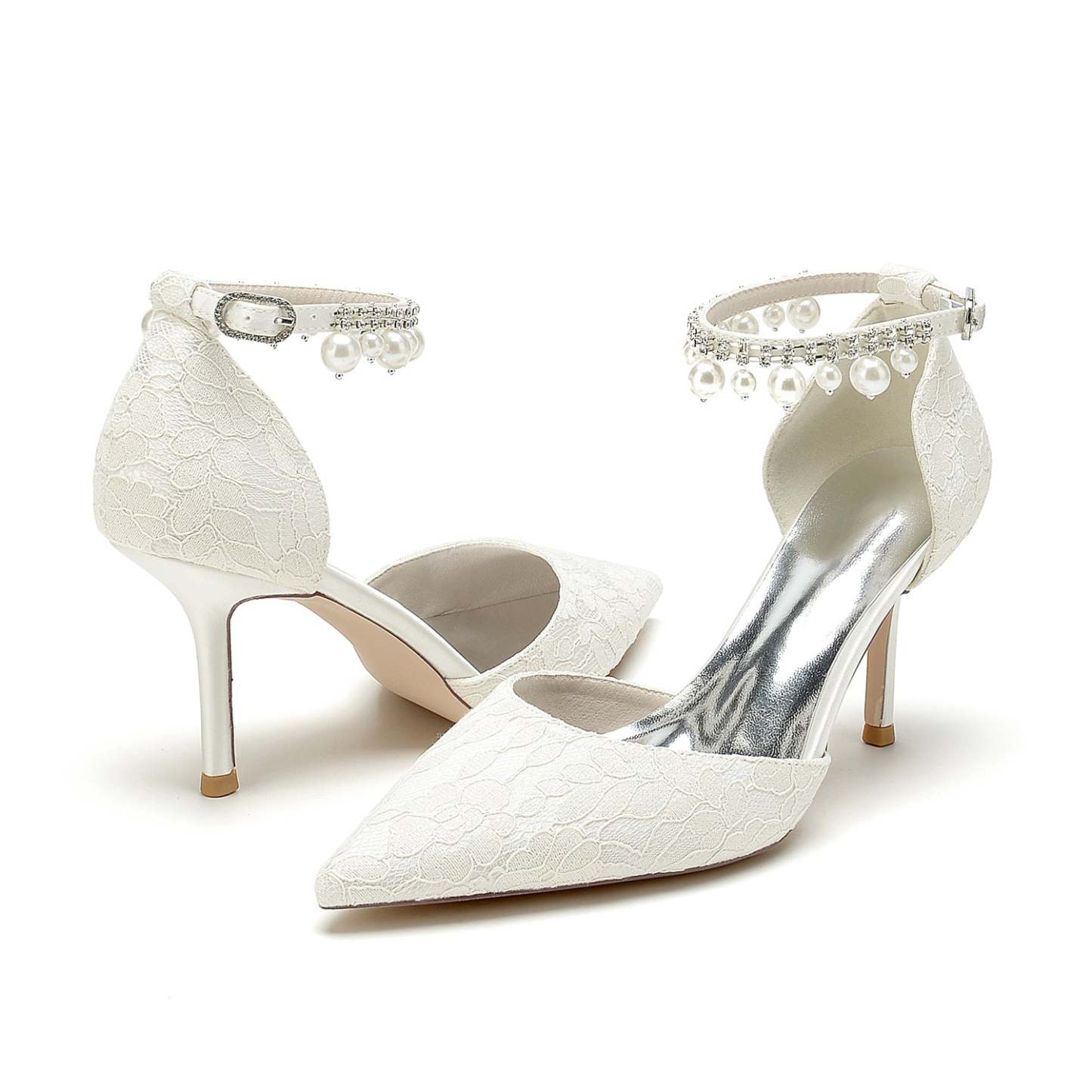 Bridal Stiletto Heel Shoes with Lace and Pearl Buckle for Women