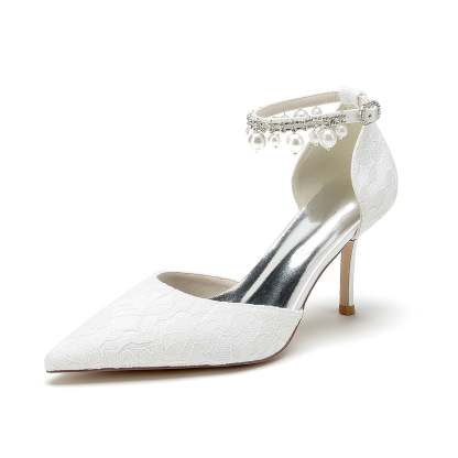 Bridal Stiletto Heel Shoes with Lace and Pearl Buckle for Women