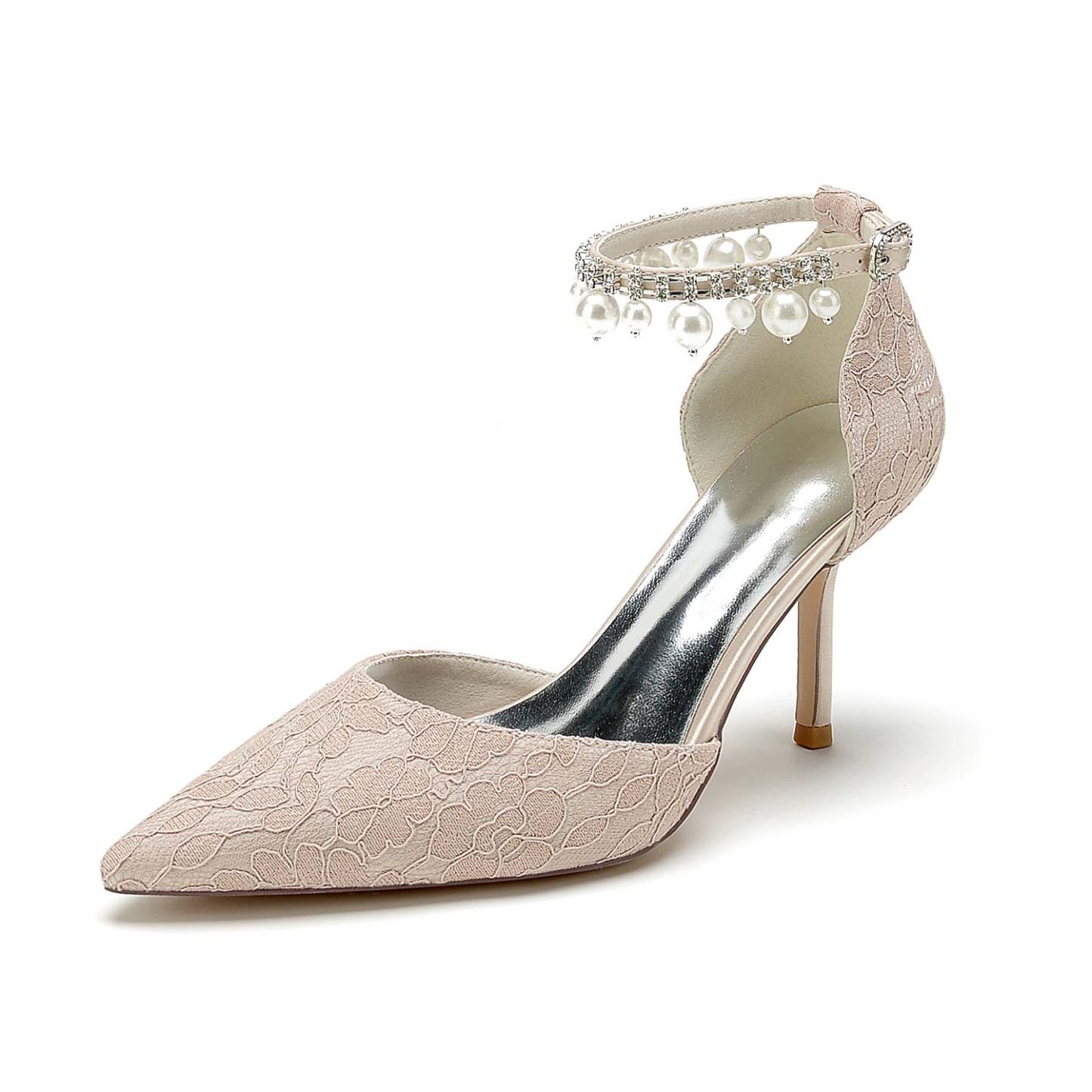 Bridal Stiletto Heel Shoes with Lace and Pearl Buckle for Women