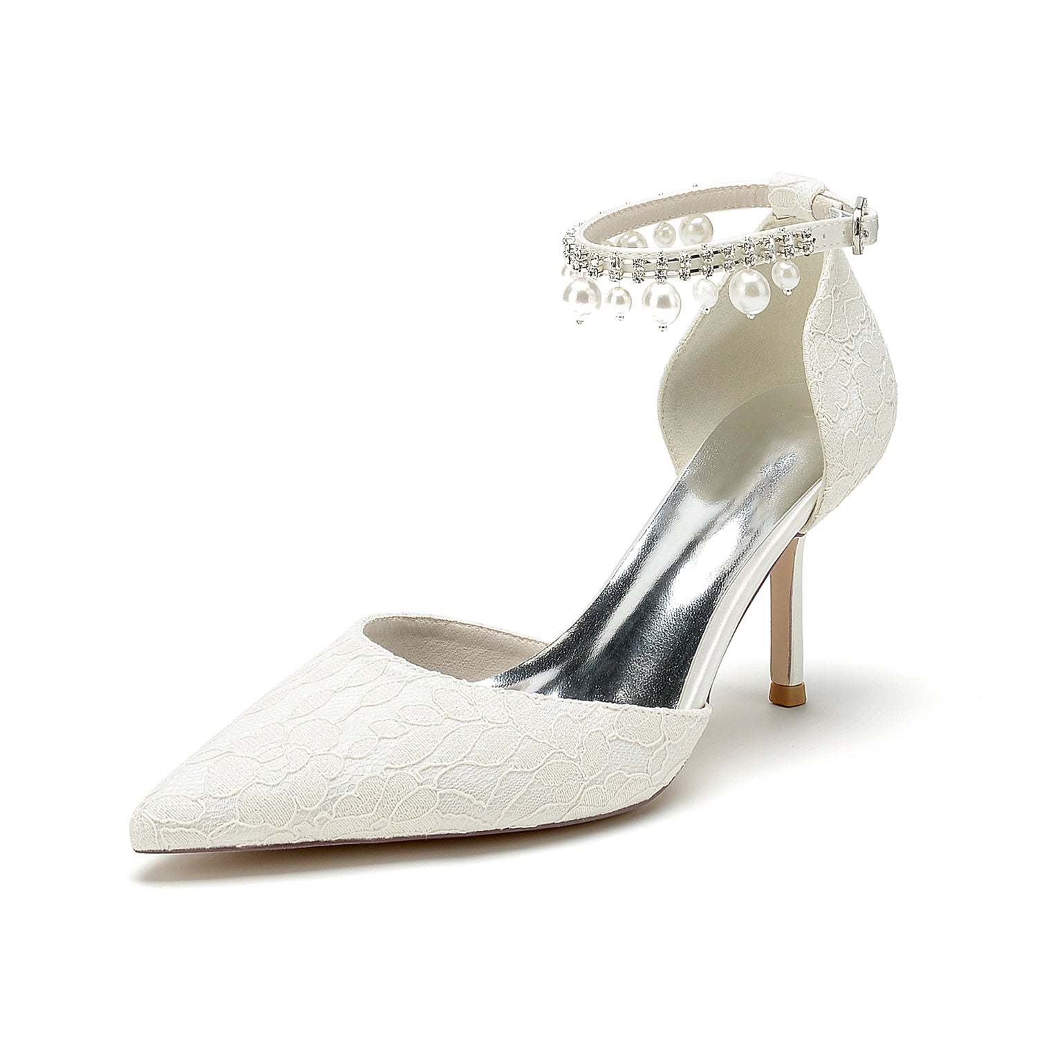 Bridal Stiletto Heel Shoes with Lace and Pearl Buckle for Women