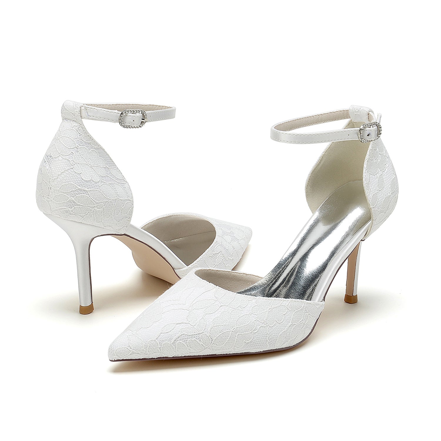Bridal Stiletto Heel Shoes for Women with Silk Satin Lace and Buckle