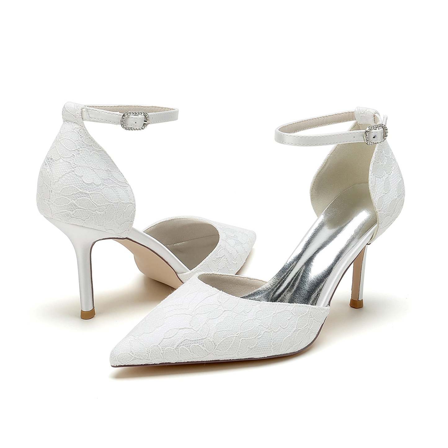 Bridal Stiletto Heel Shoes for Women with Silk Satin Lace and Buckle