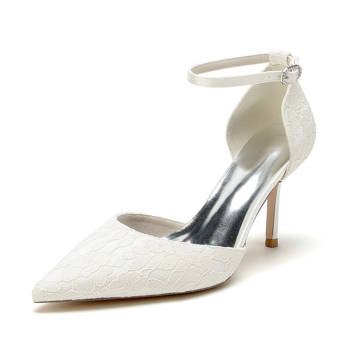 Bridal Stiletto Heel Shoes for Women with Silk Satin Lace and Buckle