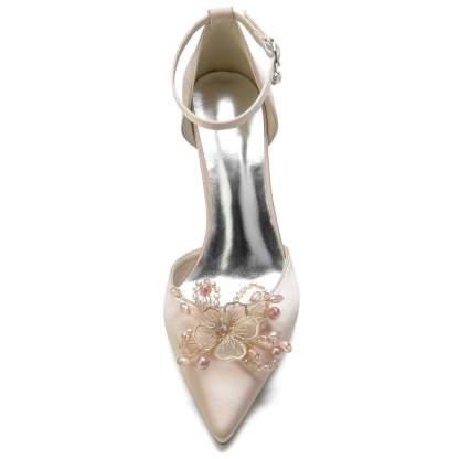 Bridal Stiletto Shoes for Women with Pearl Flower and Buckle on Pointed Toe