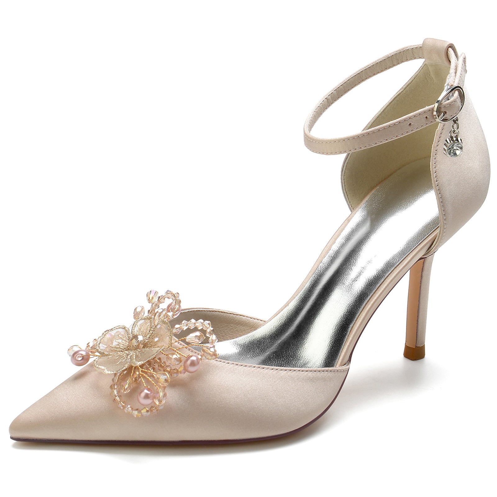 Bridal Stiletto Shoes for Women with Pearl Flower and Buckle on Pointed Toe