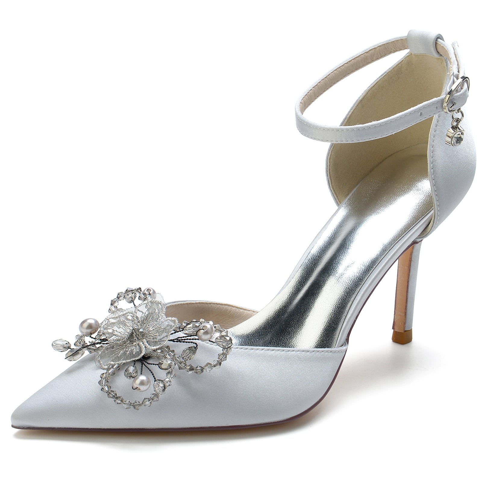 Bridal Stiletto Shoes for Women with Pearl Flower and Buckle on Pointed Toe