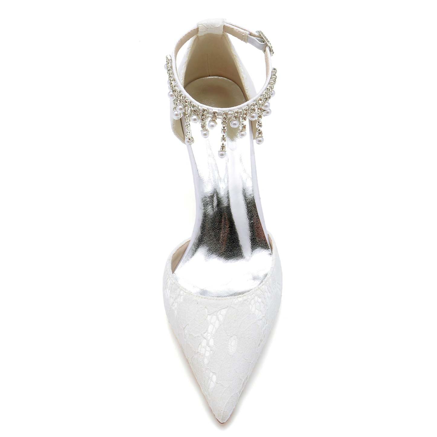 Bridal Stiletto Shoes for Women with Pearl Lace and Pointed Toe Ankle Strap