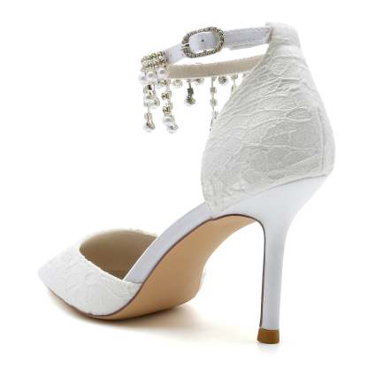 Bridal Stiletto Shoes for Women with Pearl Lace and Pointed Toe Ankle Strap