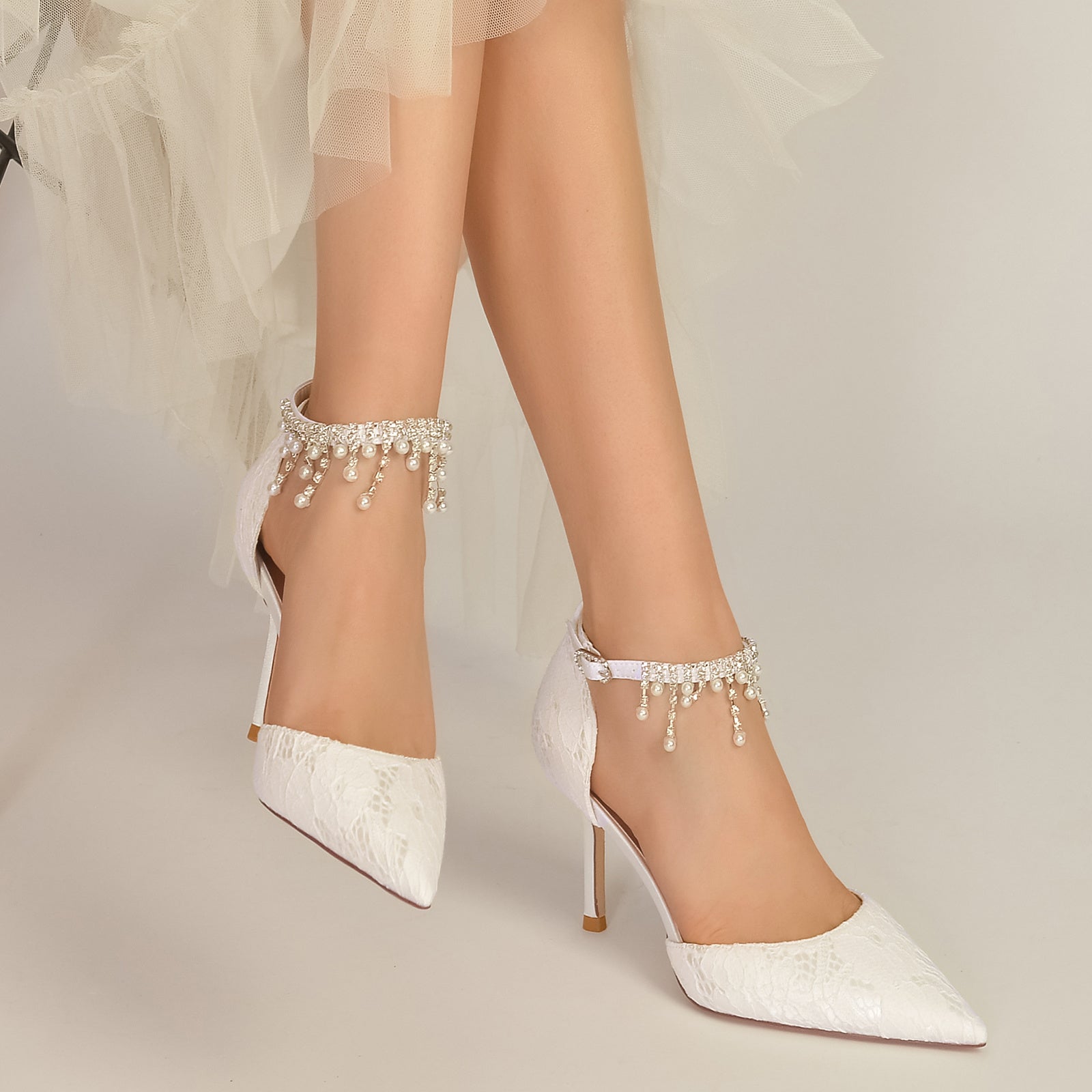 Bridal Stiletto Shoes for Women with Pearl Lace and Pointed Toe Ankle Strap