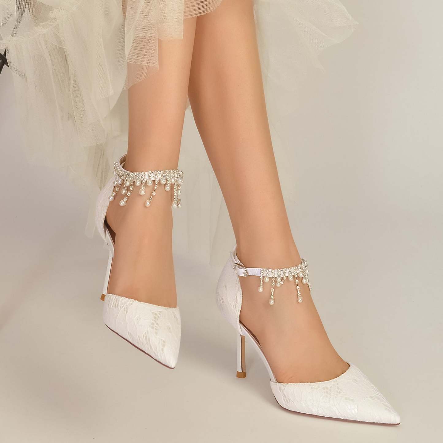 Bridal Stiletto Shoes for Women with Pearl Lace and Pointed Toe Ankle Strap