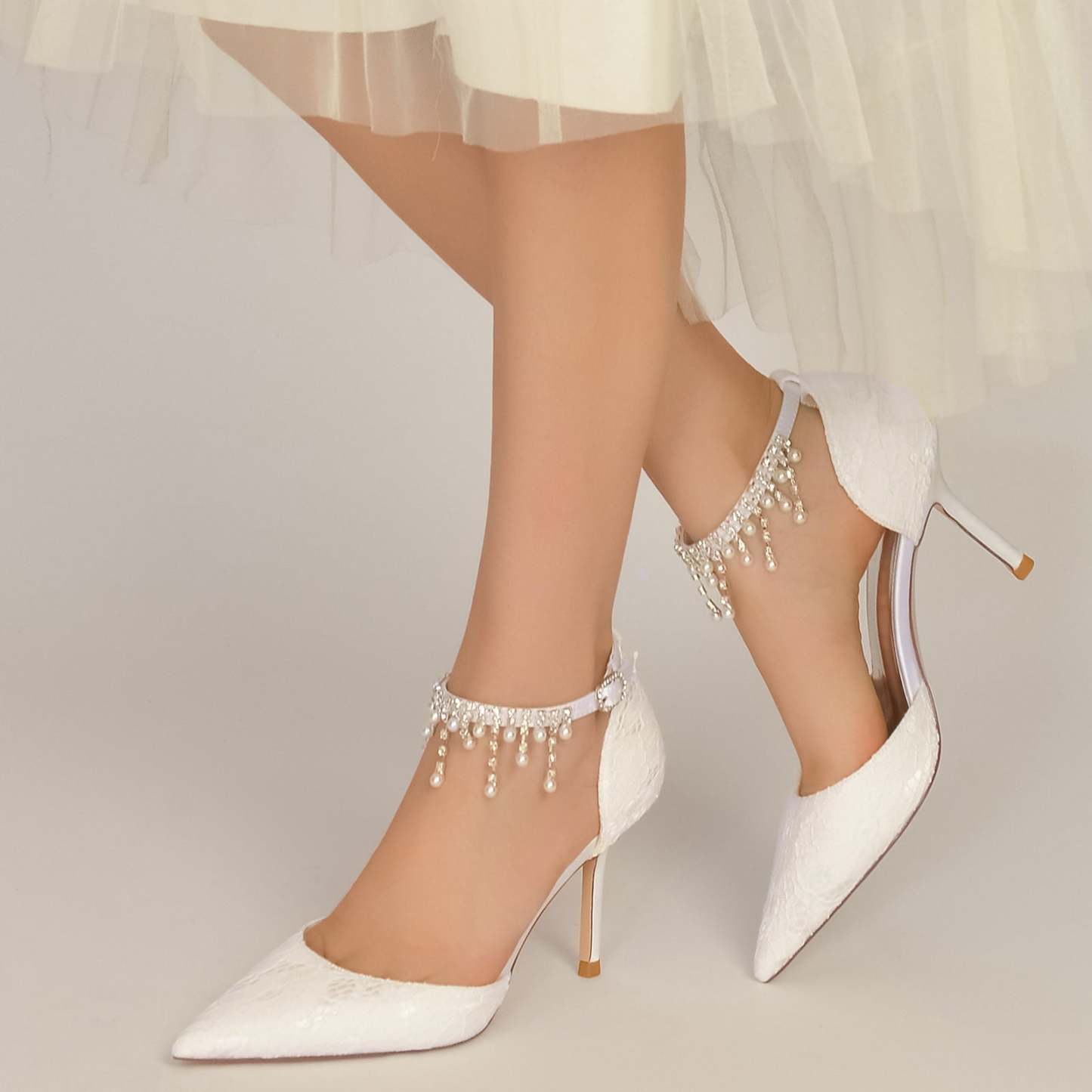 Bridal Stiletto Shoes for Women with Pearl Lace and Pointed Toe Ankle Strap