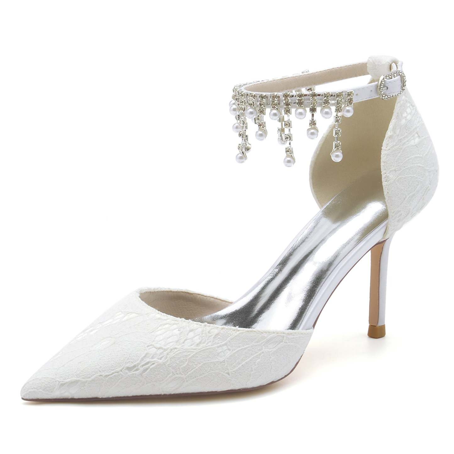 Bridal Stiletto Shoes for Women with Pearl Lace and Pointed Toe Ankle Strap