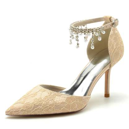Bridal Stiletto Shoes for Women with Pearl Lace and Pointed Toe Ankle Strap