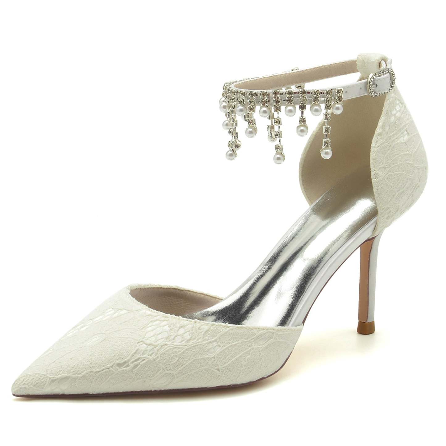 Bridal Stiletto Shoes for Women with Pearl Lace and Pointed Toe Ankle Strap