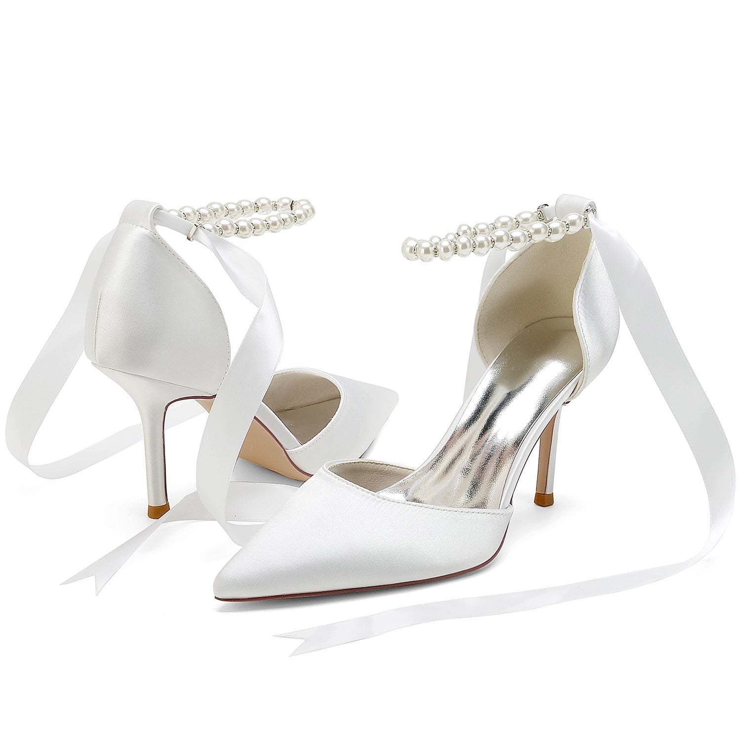 Bridal Shoes for Women with Pearl Bow Buckle and Stiletto Heel