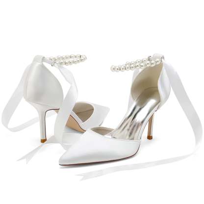 Bridal Shoes for Women with Pearl Bow Buckle and Stiletto Heel