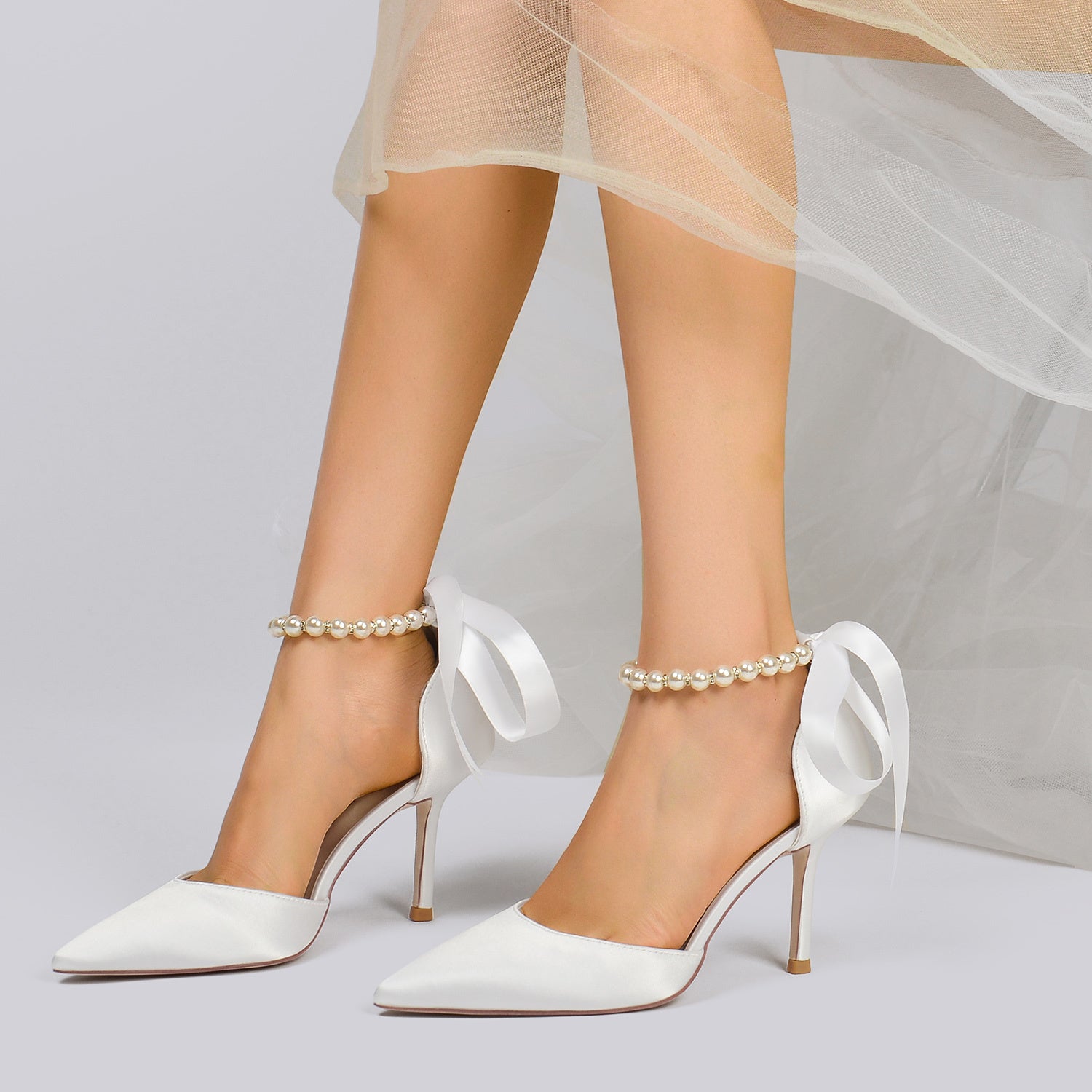 Bridal Shoes for Women with Pearl Bow Buckle and Stiletto Heel