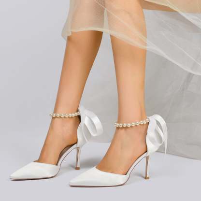 Bridal Shoes for Women with Pearl Bow Buckle and Stiletto Heel