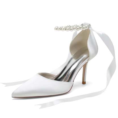 Bridal Shoes for Women with Pearl Bow Buckle and Stiletto Heel