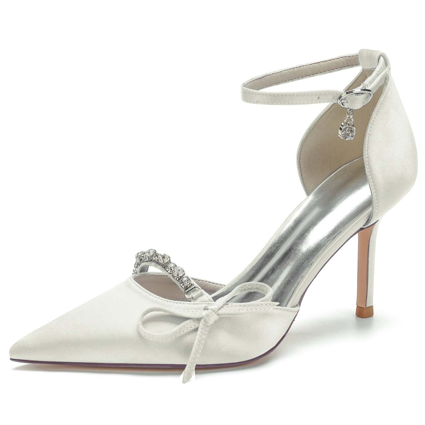 Bridal Stiletto Shoes for Women with Rhinestone Bows and Pointed Toes