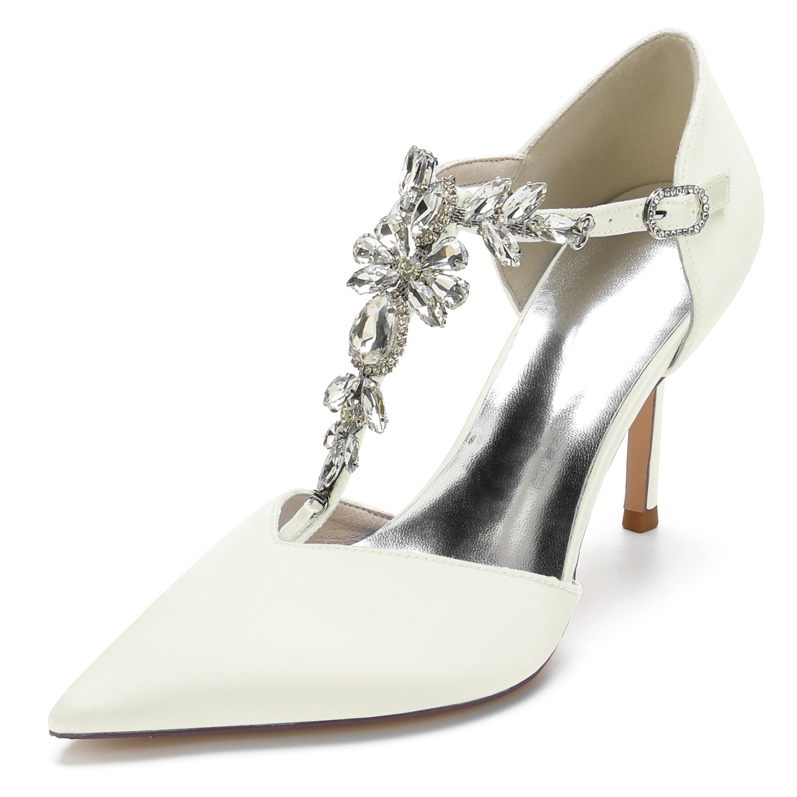 Bridal Stiletto Heels with Rhinestone Buckle and Pointed Toe for Women