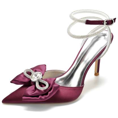 Bridal Stiletto Shoes for Women with Pointed Toe Mini Rhinestone Bow and Buckle