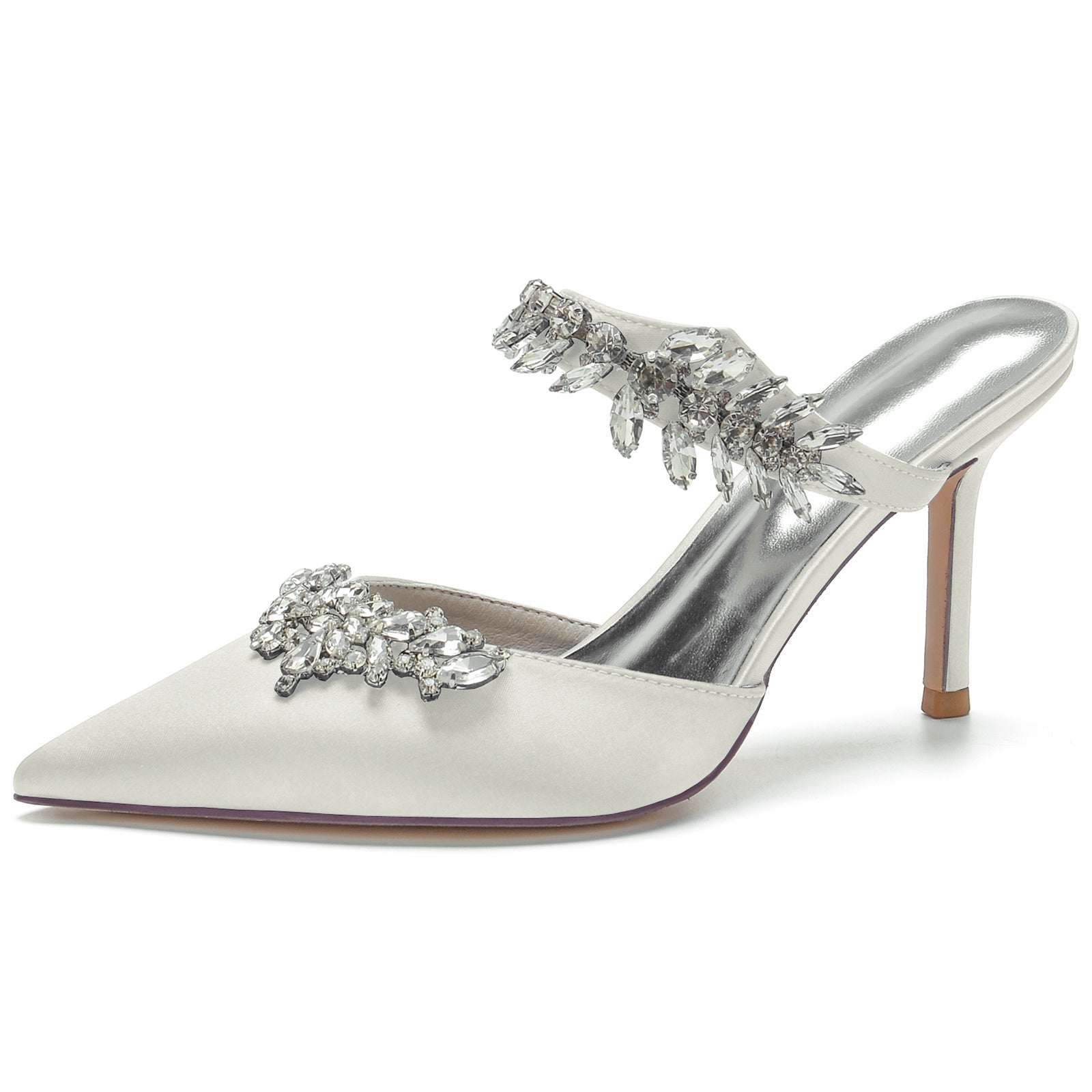 Bridal Mules for Women with Crystal Buckle and Pointed Stiletto Toe
