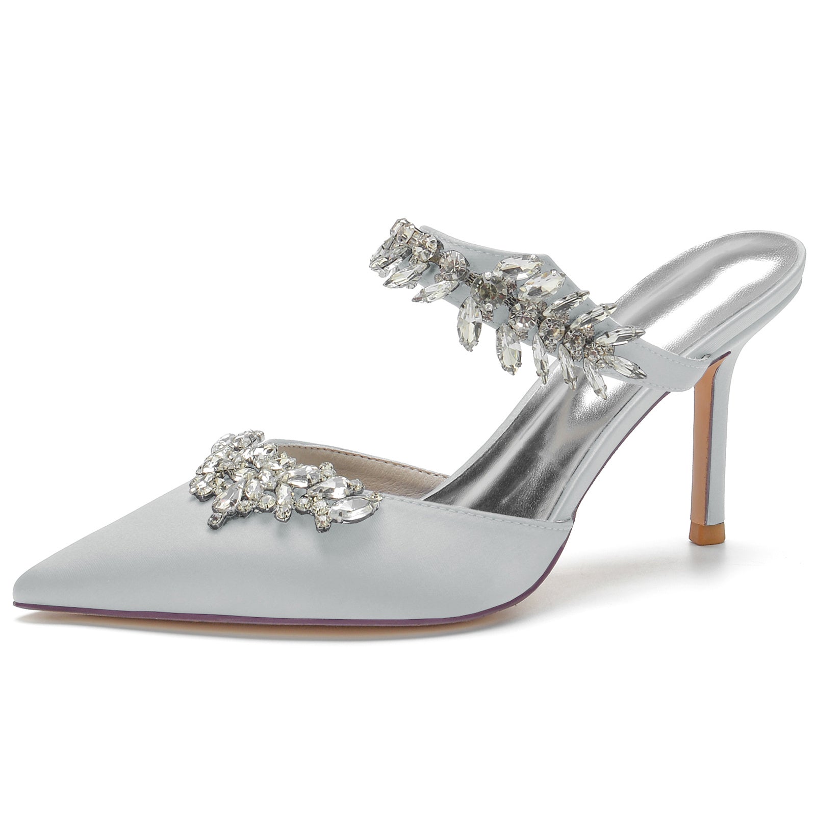 Bridal Mules for Women with Crystal Buckle and Pointed Stiletto Toe
