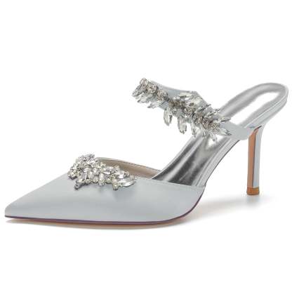 Bridal Mules for Women with Crystal Buckle and Pointed Stiletto Toe