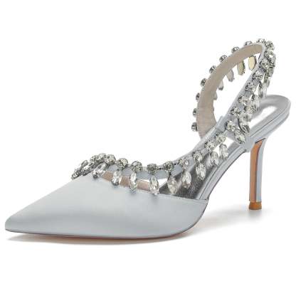 Bridal High Heel Shoes for Women in Silk Satin with Rhinestone Closed Toe