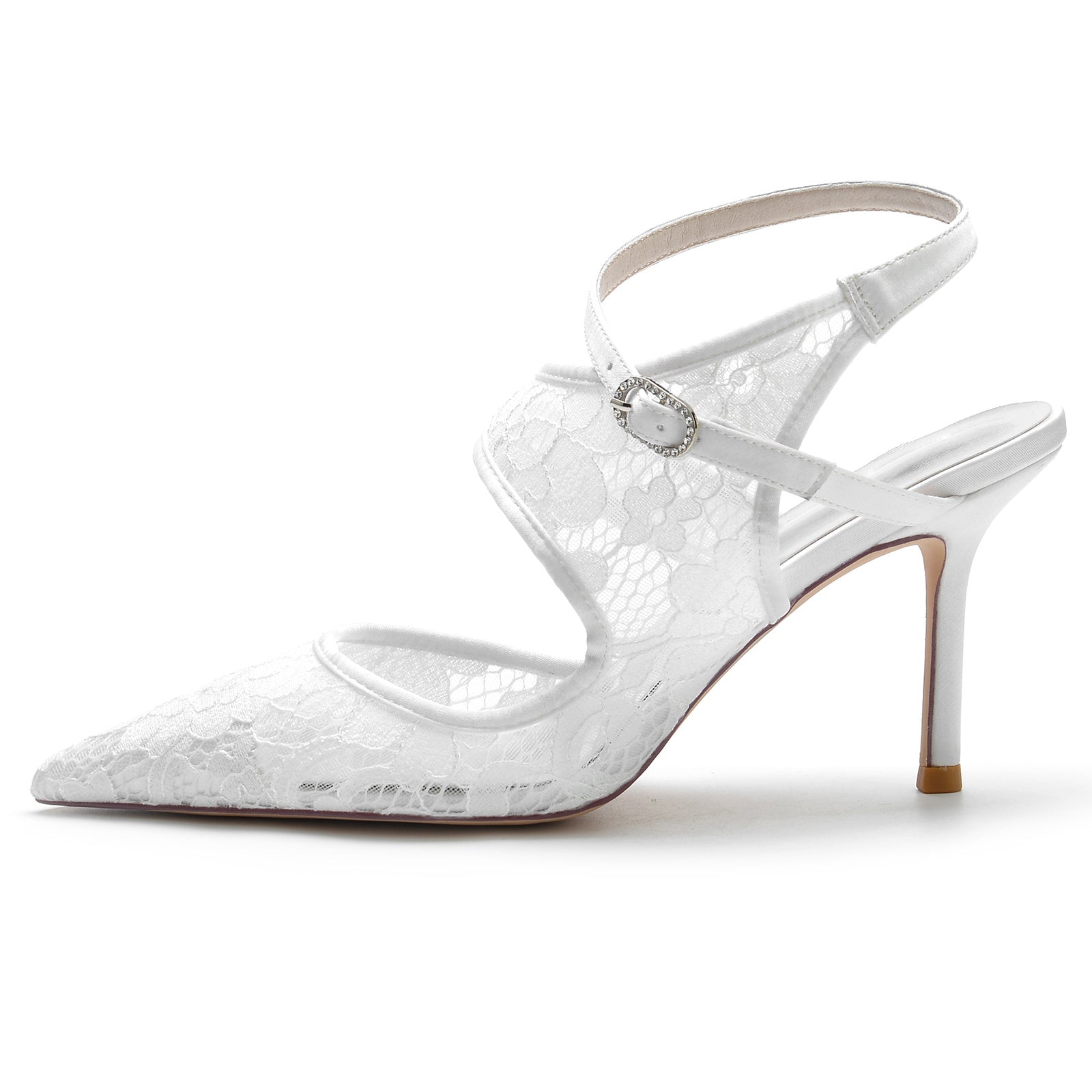Bridal Stiletto Shoes for Women with Silk Satin Lace Mesh and Buckle