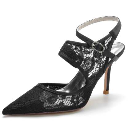 Bridal Stiletto Shoes for Women with Silk Satin Lace Mesh and Buckle