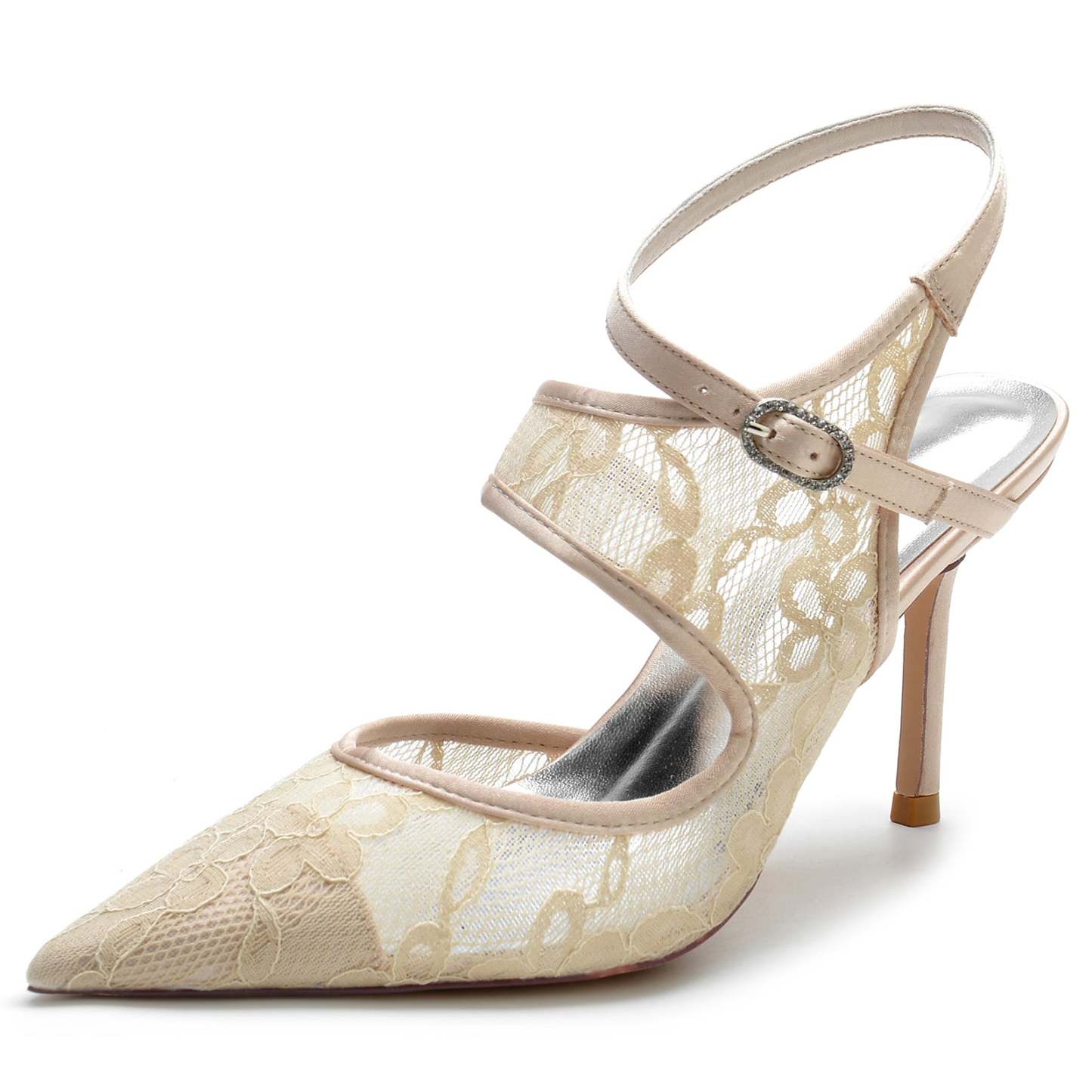 Bridal Stiletto Shoes for Women with Silk Satin Lace Mesh and Buckle
