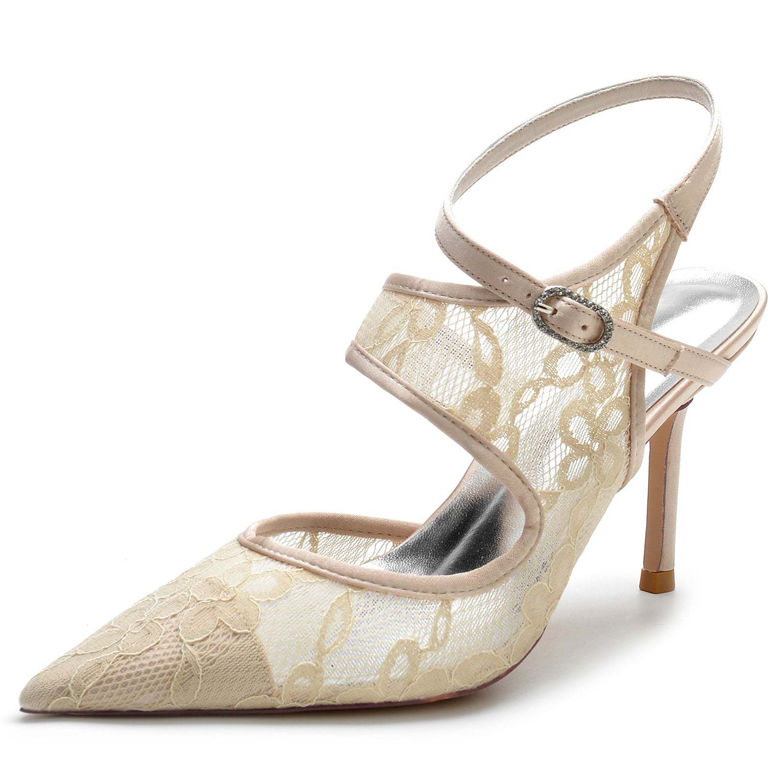 Bridal Stiletto Shoes for Women with Silk Satin Lace Mesh and Buckle