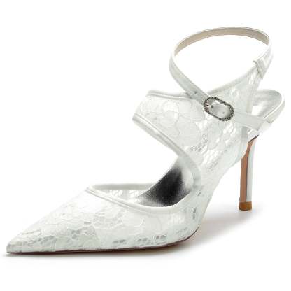 Bridal Stiletto Shoes for Women with Silk Satin Lace Mesh and Buckle