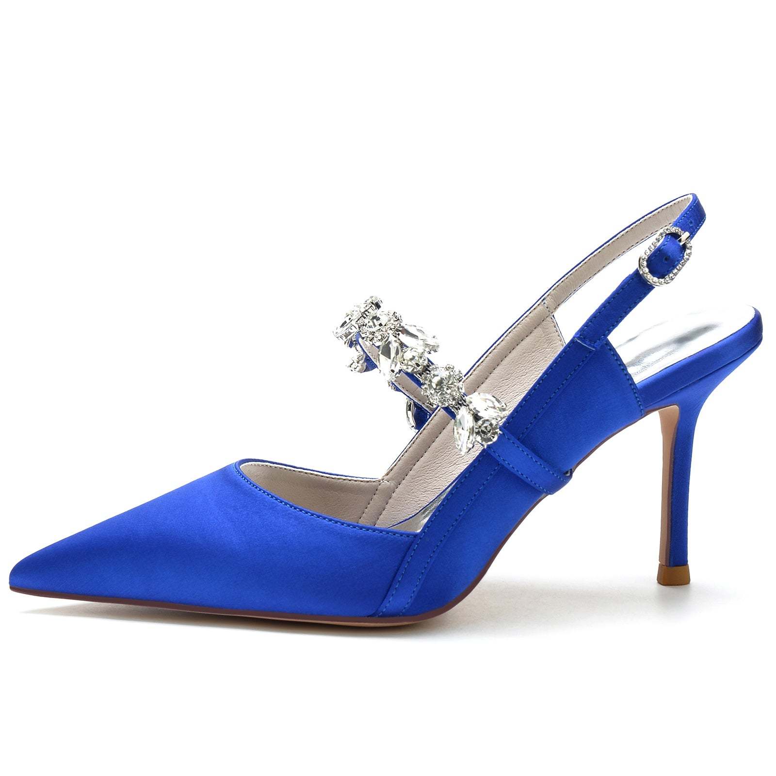 Bridal Stiletto Heels for Women with Rhinestone Buckle and Pointed Toe in Silk Satin