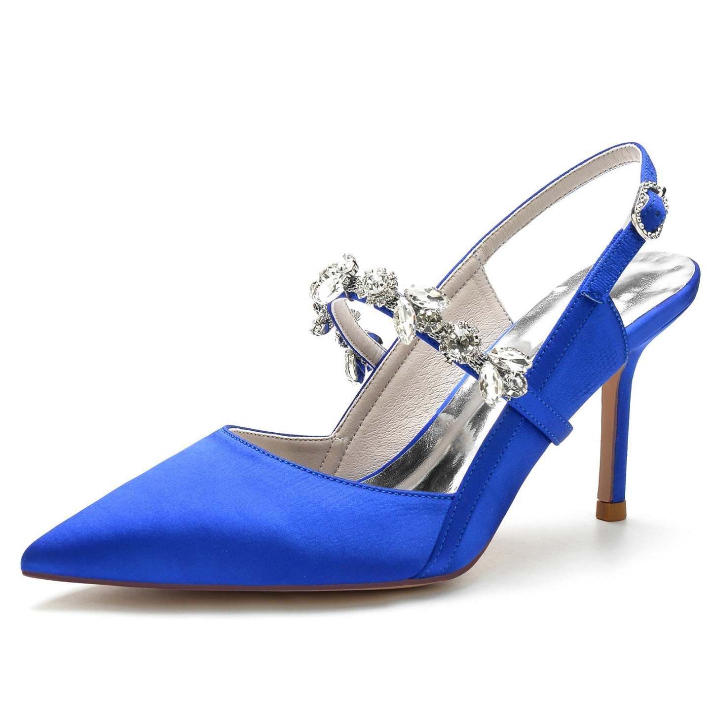 Bridal Stiletto Heels for Women with Rhinestone Buckle and Pointed Toe in Silk Satin