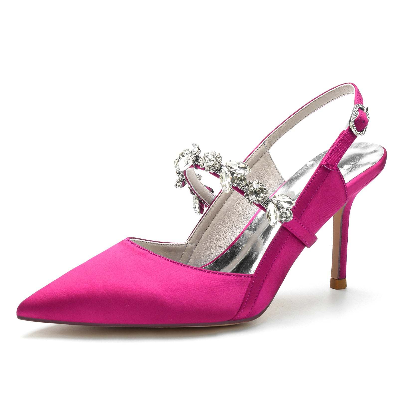 Bridal Stiletto Heels for Women with Rhinestone Buckle and Pointed Toe in Silk Satin