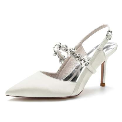Bridal Stiletto Heels for Women with Rhinestone Buckle and Pointed Toe in Silk Satin