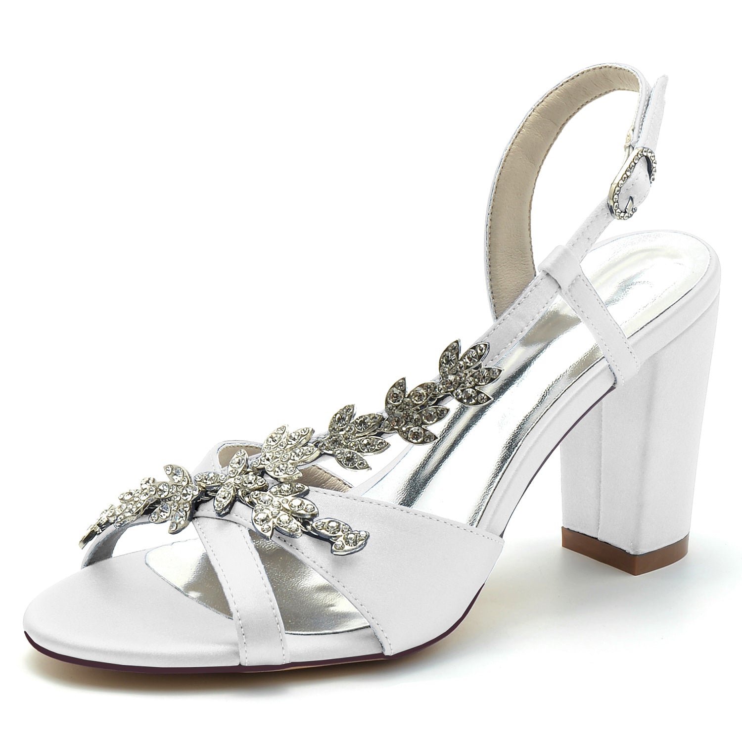 Bridal Shoes for Women with Rhinestone Peep Toe and Chunky Buckled Ankle Strap