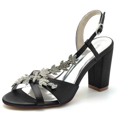 Bridal Shoes for Women with Rhinestone Peep Toe and Chunky Buckled Ankle Strap