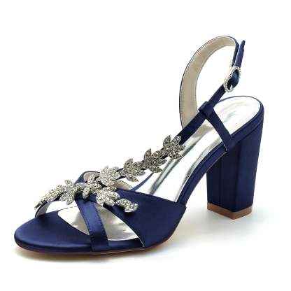 Bridal Shoes for Women with Rhinestone Peep Toe and Chunky Buckled Ankle Strap