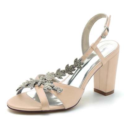 Bridal Shoes for Women with Rhinestone Peep Toe and Chunky Buckled Ankle Strap